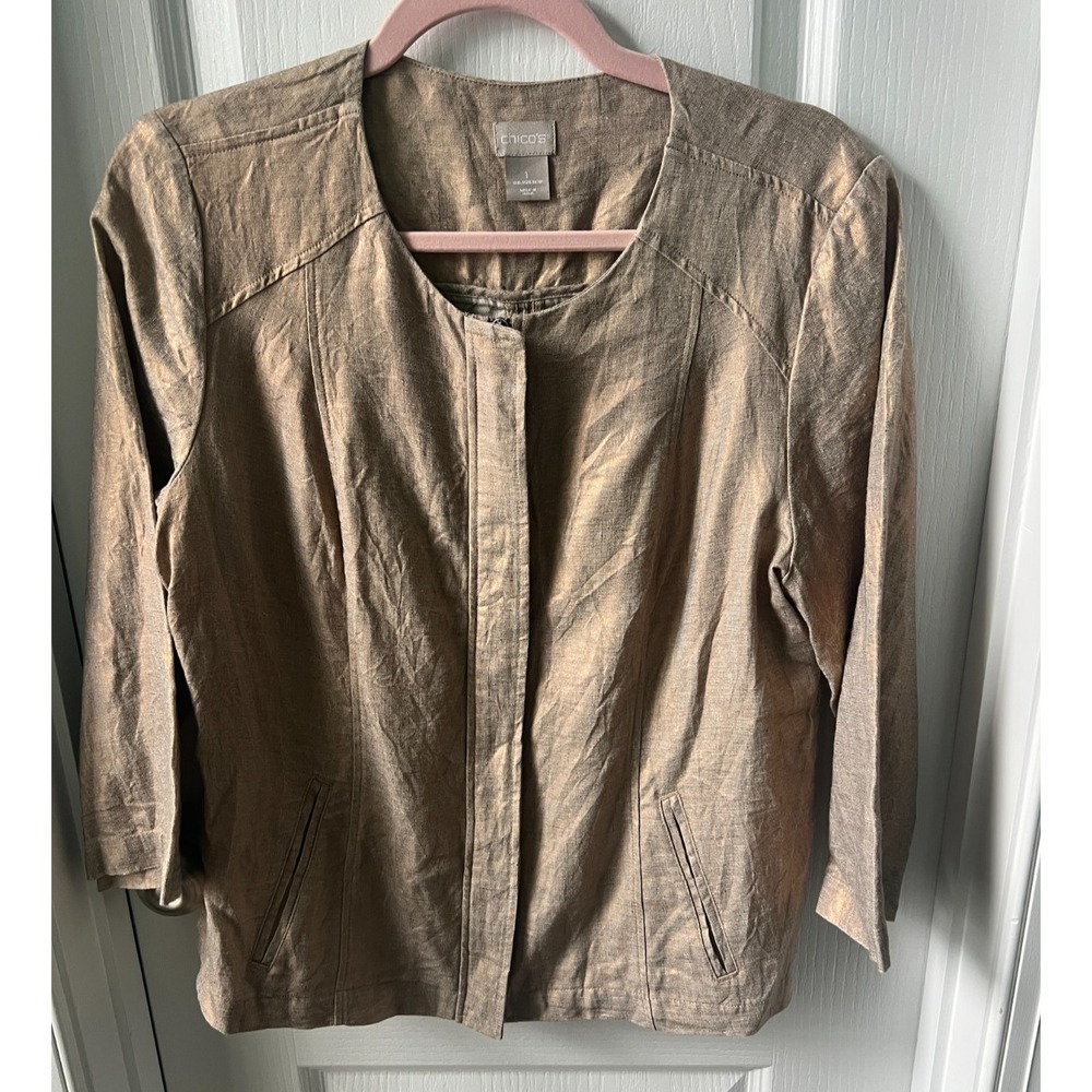 Chicos Womens Jacket Gold Metallic Shimmer 100% Linen 3/4 Sleeve Sz 1 US 8 / 10